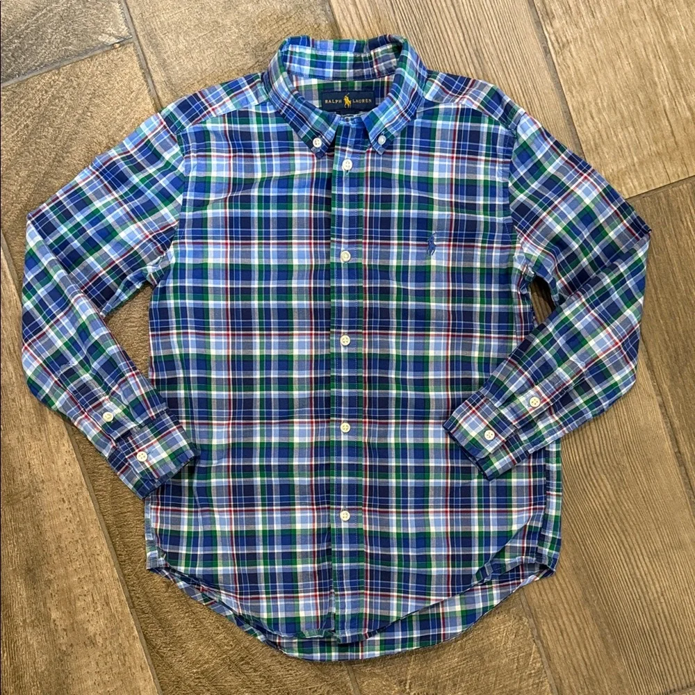 Polo Ralph Lauren Boys 7 Blue Green Plaid Cotton Long Sleeve Button Down Shirt